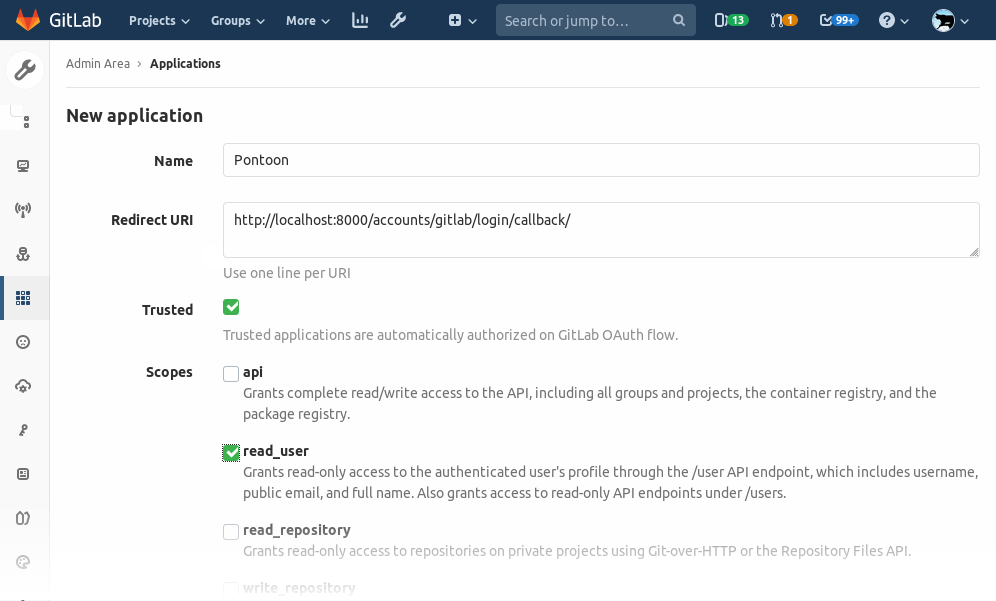 Capture d'écran du formulaire d'ajout d'application Gitlab