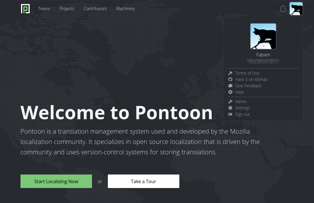 Capture d'écran d'un utilisateur connecté à Pontoon avec un compte Gitlab